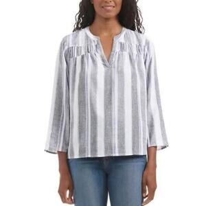 Splendid Top Size M Linen V Neck Shirt Long Sleeves Stripped White